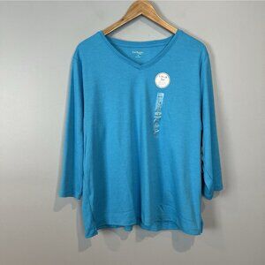 Kim Rogers Blue V-Neck Tee Womens size 1X Relaxed Fit 3/4 Sleeves NWT